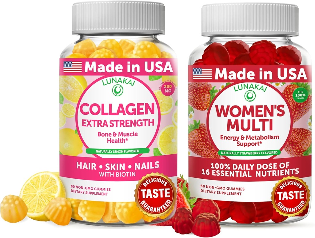Lunakai Collagen dan Women 's Multivitamin Gummies Bundle - Non- GMO Suplemen Anti Aging dengan Biotin, Zinc, Vitamin C dan E - 100% Nilai Harian 16 EsculVitamin dan Mineral - 30 Hari Tambahan