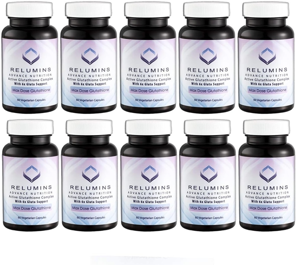 Pelepasan Glutathione Aktif Putih - Max Dose 900mg Glutathione dengan 6X Boosters, ALA & NAC - Antiaging Skin Brightening Supplemen - 60 Caps x 10 Botol