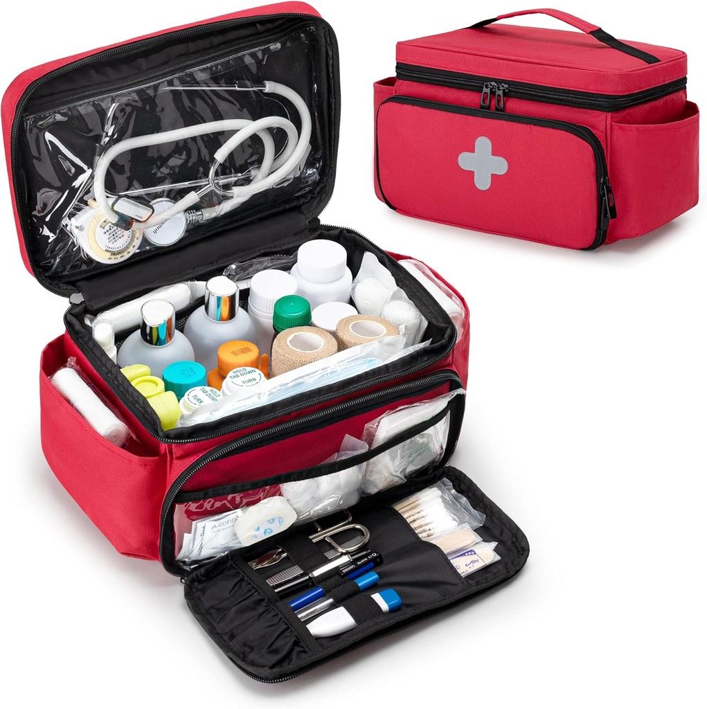 Penyimpanan Obat Kecil CURMIO Kosong, Family First Aid Box, Penyelenggara Botol Pil untuk Suplai Medis Darurat, Merah (Bag Only, Paten Mending)