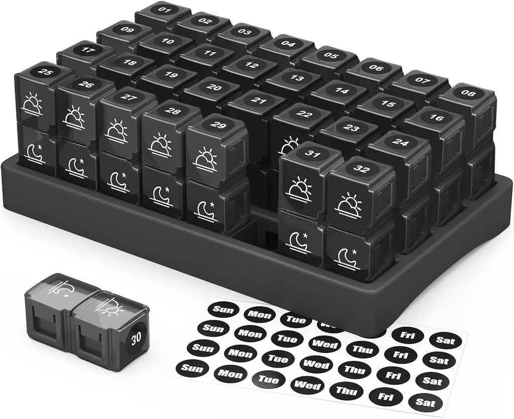 ZIKEE 30 Hari Pill Organizer Monthly, Portable Satu Bulan Kasus Pil Pill dengan 32 Dua kali sehari PM Kompartemen untuk Vitamin, Minyak Ikan, Suplemen dan Obat-obatan