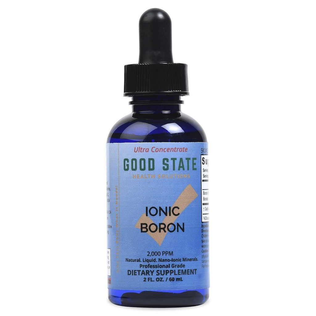 Negara Baik 124; Ionic Boron 124; Natural 124; Cair Konsentrasikan 124; Nano Sized Mineral Technology 124; Profesional Tingkat 124; 10 Drops Equals 1 mg 124; 1.6 Fl Oz Bottle