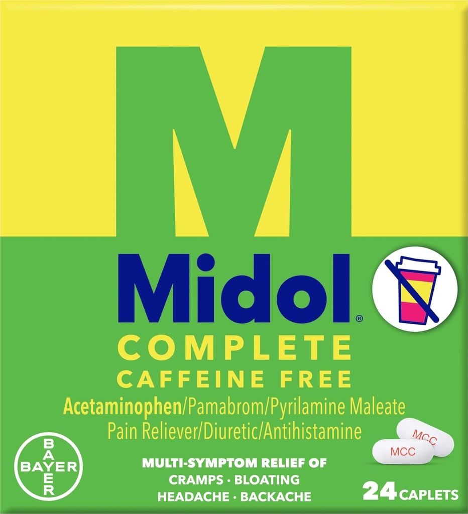 Midol Complete Caffeine Free Caplets 24ct: Midol Complete Caffeine Free Menstrual Relief Caplets with Acetaminopren, provides Headache Relief and Period Cromps Relief, 24 Count