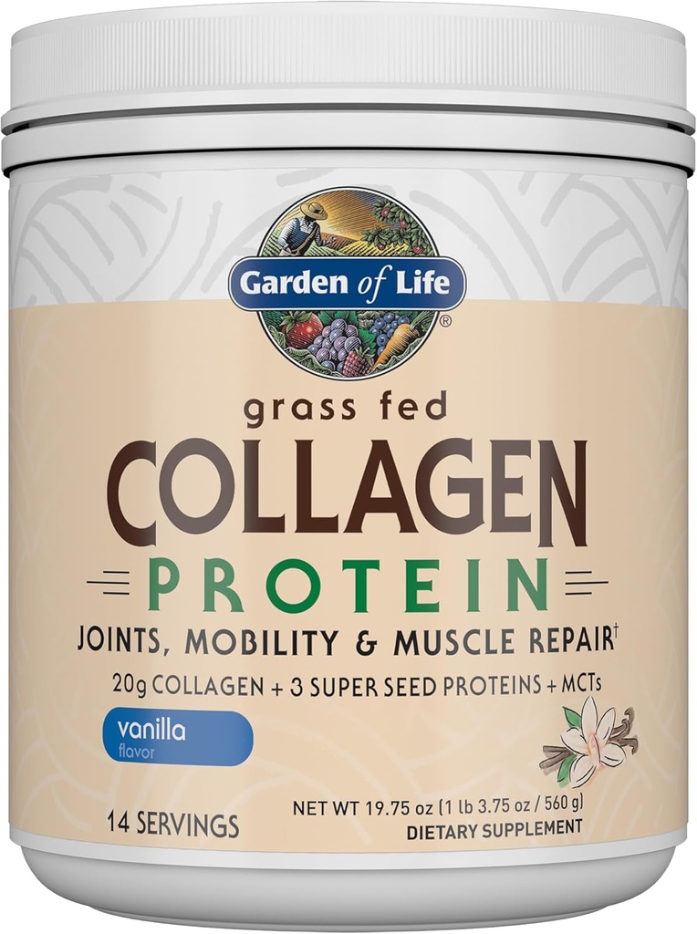 Garden of Life Grass Fed Collagen Protein Powder - Vanilla, 14 hamba, bubuk Joints Mobility Muscle Repair, Collagen Peptides + Super Seeds + Coconut MCTts, Keto Suplemen
