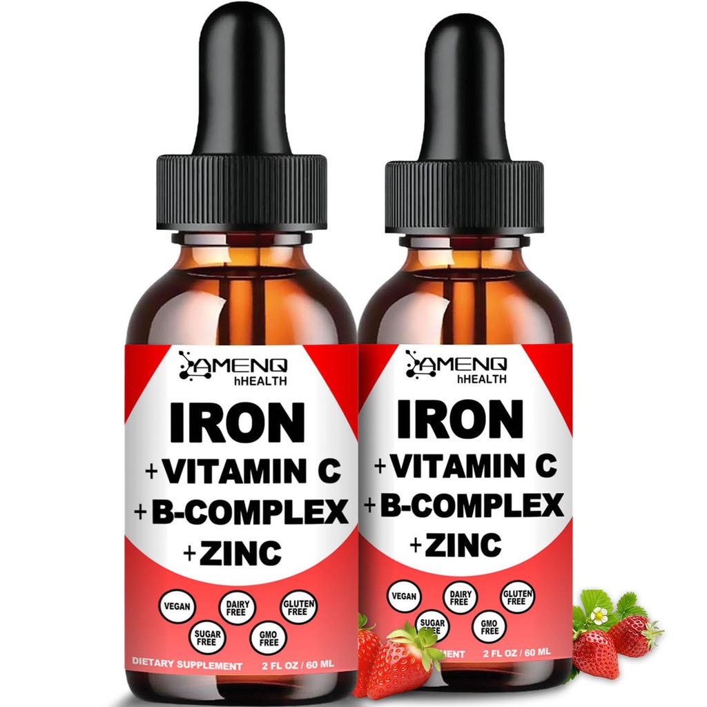 2 Pack Liquid Iron Suplemen w / Vitamin C, A, B-Complex, Vegan Iron Drops High Potency Liquid Vitamin & Iron Suplemen Perempuan, Pria & Anak-Anak-Dukung Red Blood Cell, Energy, Anemia & Fatigue