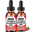 2 Pack Liquid Iron Suplemen w / Vitamin C, A, B-Complex, Vegan Iron Drops High Potency Liquid Vitamin & Iron Suplemen Perempuan, Pria & Anak-Anak-Dukung Red Blood Cell, Energy, Anemia & Fatigue