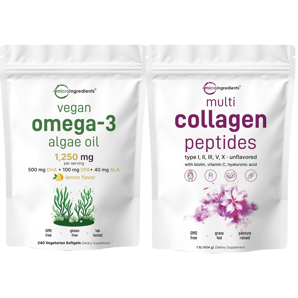 Micro Ingrediens Multi Collagen Protein Powder 16oz & Vegan Omega 3 Algae Oil Bundle 2 Pack 124; Grass-Feed Collagen Peptides 124; Omega-3 Full Spectrum Alternative untuk Fish Oil
