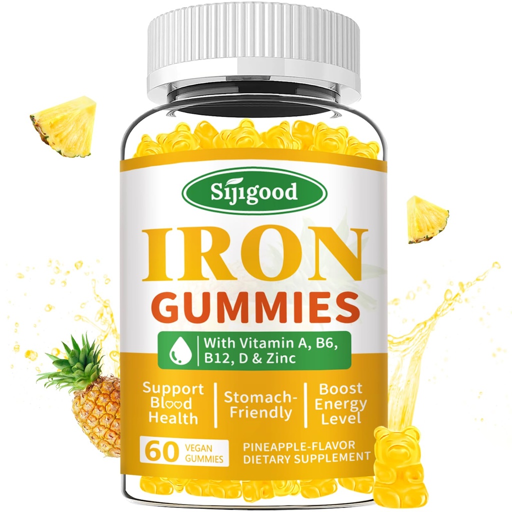 Iron Gummies for Women & Men - Vegan Iron Sugarmia & Iron Deficiency, with Vitamin B12, Vitamin C, Zinc, Floid - Energy Boost, Sugar- Free, Pineapple Flavor, 60 Count