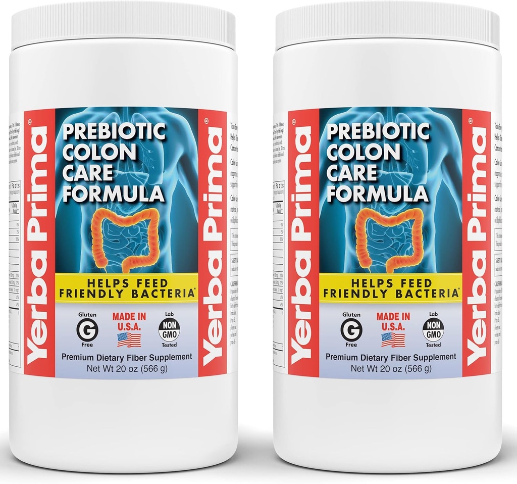 Yerba Prima Prebiotic Colon Care Formula, 20 oz Powder (Paket 2) dengan FOS - Natural Psyllium Fiber, Magnesium, Selenium - Non-GMO, Gluten Free, Vegan Daily Suplemen - untuk Pria & Women
