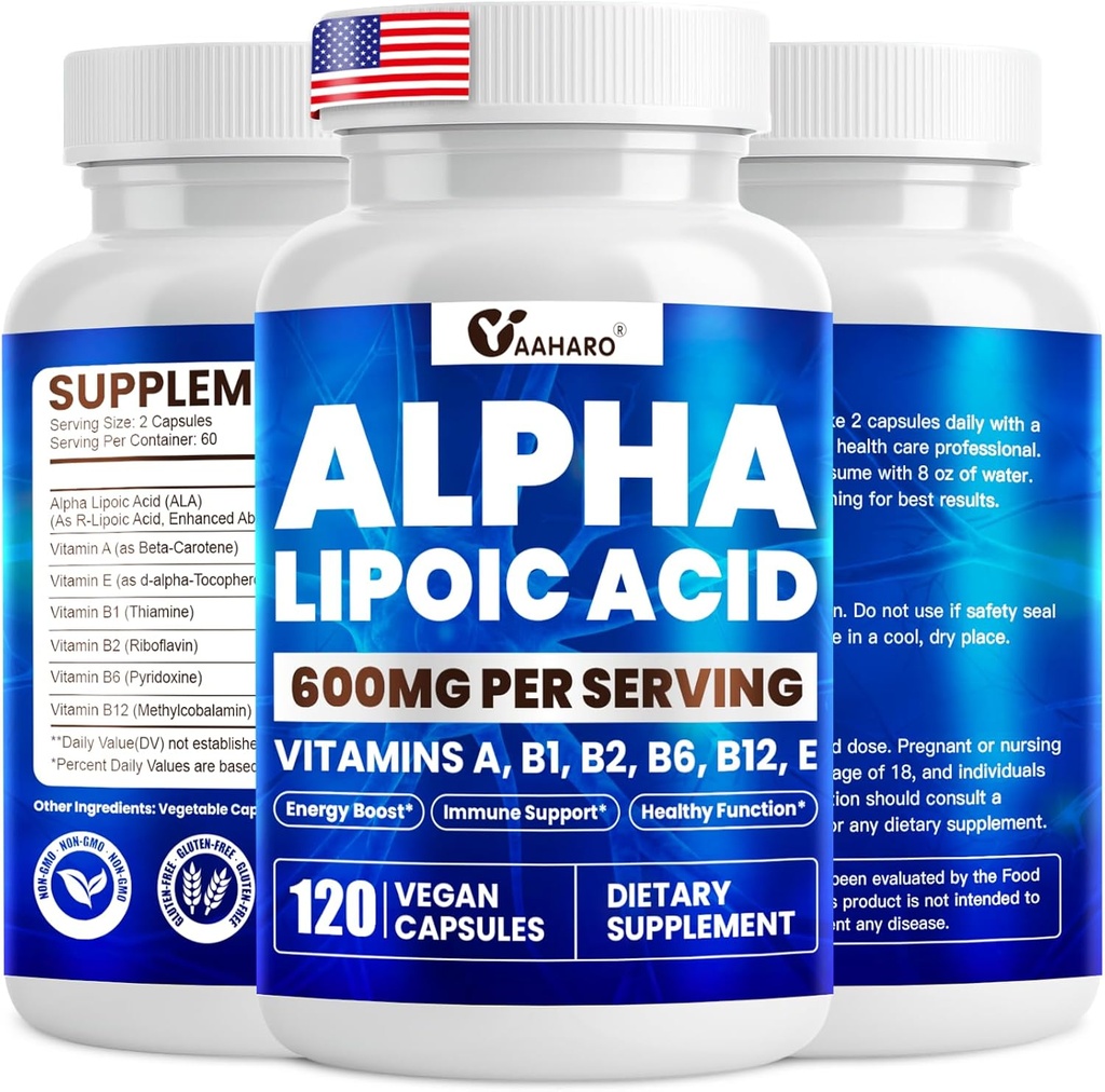 Alpha Lipoic Acid 600mg, Suplemen ALA untuk Energy Boost, Immune Dukung, Fungsi Kesehatan, dan Enhanced Absorpsi, R- Alpha Lipoic Acid dengan Estible Vitamin, 120 Kapsul