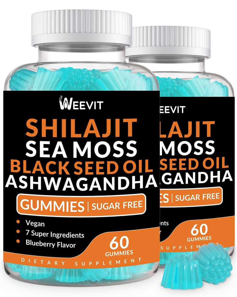 Shilajit Sea Moss Ashwagandha Gummies dengan Turmeric, Minyak Benih Hitam, Vitamin C untuk Pria & Women, Shilajit dan Ashwagandha Gummy, Semua dalam 1 Suplemen Imune, Absorpsi & Energi