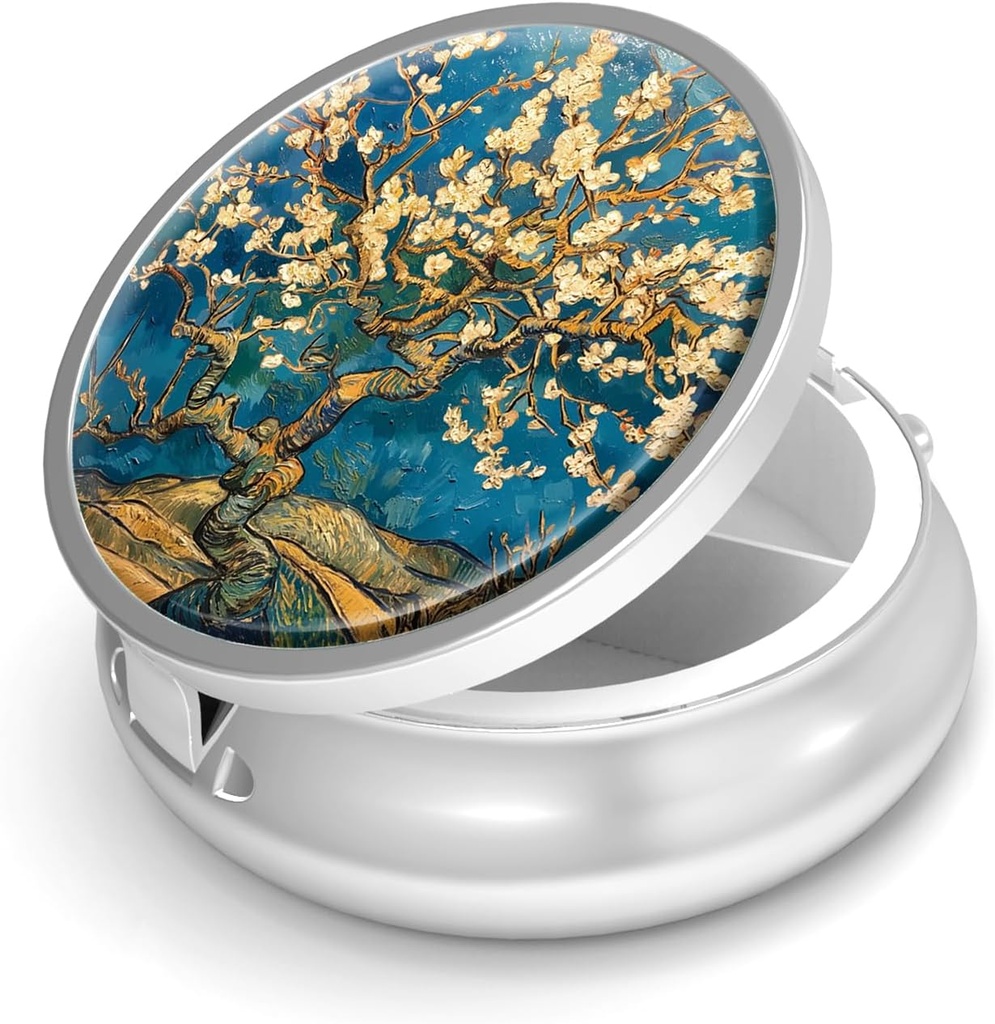 Pill Box-3 Comment Small Pill Case for Purse & Pocket Mini Metal Pill Travel Pill Container to Hold Suplemen Vitamins BPA- Free (Almond Blossome-Van Gogh)