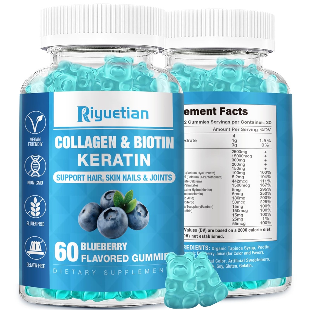 Biotin Gummies 15000mcg dengan Collagen for Women & Pria - Rambut, Skin & Nails Gummies dengan Biotin - Collagen for Woman - Vegan, Non- GMO, Hair Vitamin - 60 Count, 1 Pack
