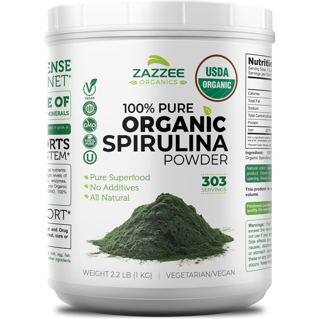 Zazzee USDA Organic Spirulina Powder, 2.2 Pounds (1 KG), 303 Servings, Kosher bersertifikat, 100% Pure, Non-Irradiated, Mess- Free Wide Mouth Container, Segar dan Neutral Taste, Non-GMO, dibuat di AS