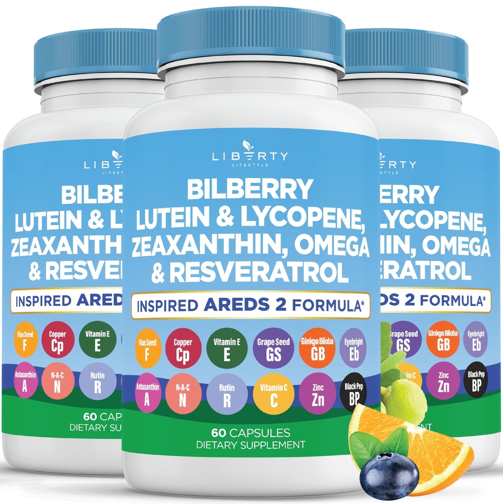 Vitamin Kesehatan Mata dengan Bilberry, Lutein & lexanthin, Lycopene, Resveratrol, Grape Seed Extract Flaxseed Astaxanthin- AREDS 2-180 Capsules