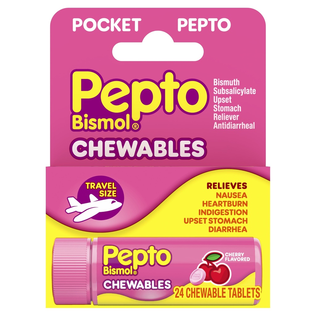 Pepto Bismol Pocket Chewable Tablet untuk Nausea, Heartburn, Interrubition, Upset Stomach, dan Diare - 5 Symptom Fast Relief, Cherry Flavor 24 ct