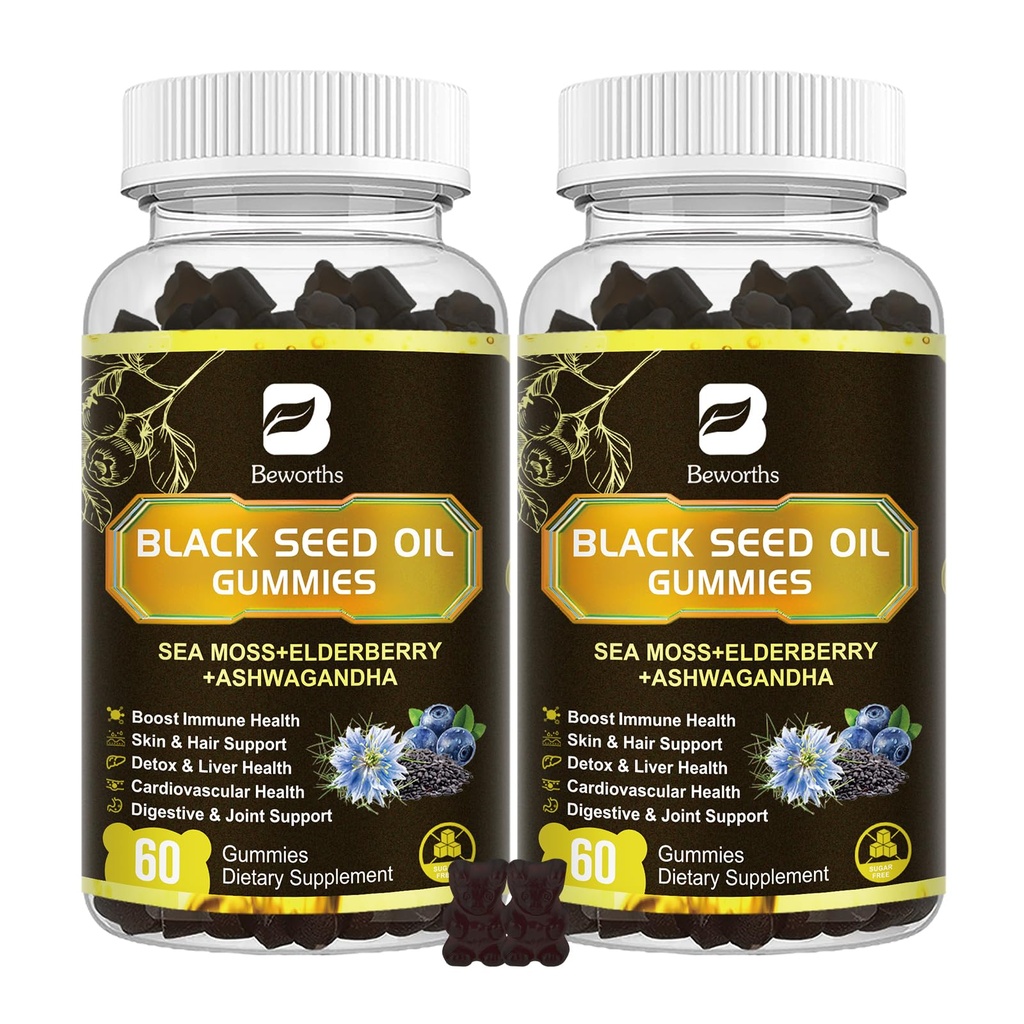 Black Seed Oil & Sea Moss Gummies, 2Pack Sea Moss Gummies Irish Sea Moss with Black Seed Oil, Ashwagandha Extract, Elderberry, Turmeric, Vitamin C, Vitamin D3 - Imune Dupport, Joints, Dibuckle, Hair & Skin