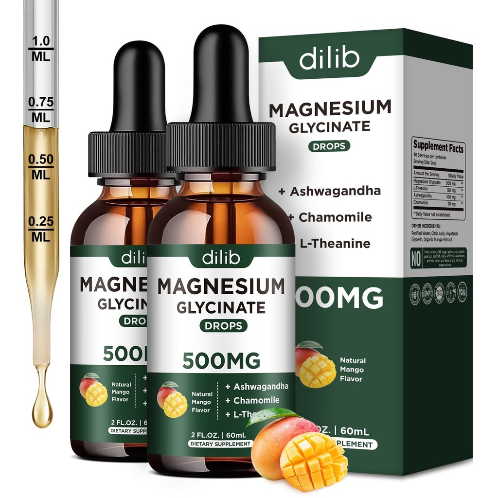 Magnesium Glycinate Liquid Droid Suplemen, dengan Magnesium Glycinate 500mg Ashwagandha, L - Theanine, Chamomile - Dukung Stress Relief, Bone, Muscle, Mood Flavor 2Pack