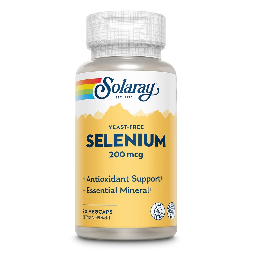 Solaray Yeast Free Selenium 200mcg, Selenium Capsules for Healthy Thyroid Fungsi & Imune Dukungan, Suplemen Absorpsi Tinggi, Vegan, 90 Servis, 90 VevCaps