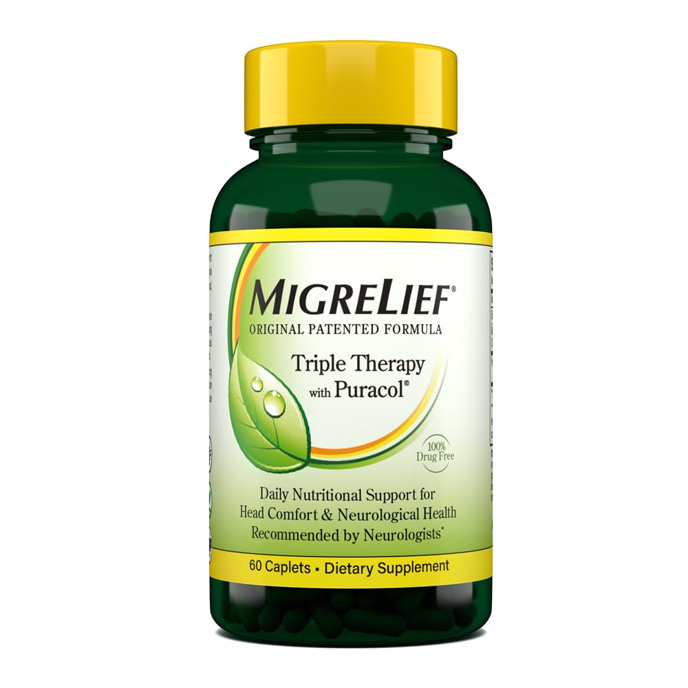 MigreLief Original Triple Therapy with Puracol - Nutrisi Dukungan untuk Penderita Migraine - 60 Caplets / 1 Pasokan Bulan