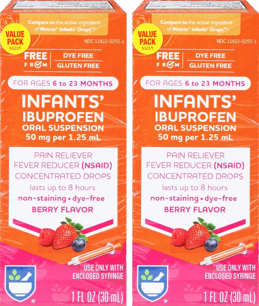 Rite Aid Infants 'Dye- Free Ibuprofen Drops, Berry Flavor, 50 mg - 2 Value Pack 124; Reliever Penderita Bayi untuk Bayi 6 sampai 23 Bulan 124; Oral Suspension 50 mg per 1.25 mL Gluten Bebas