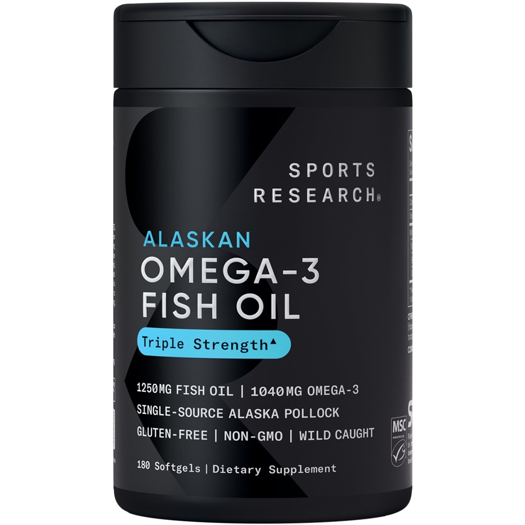 Penelitian Olahraga Triple Power Omega 3 Minyak Ikan - Tambahan Minyak Ikan Burpless w / EPA & DHA Acids Gendut dari Single- Sumber Liar Alaska Pollock - 1250 mg, 180 ct