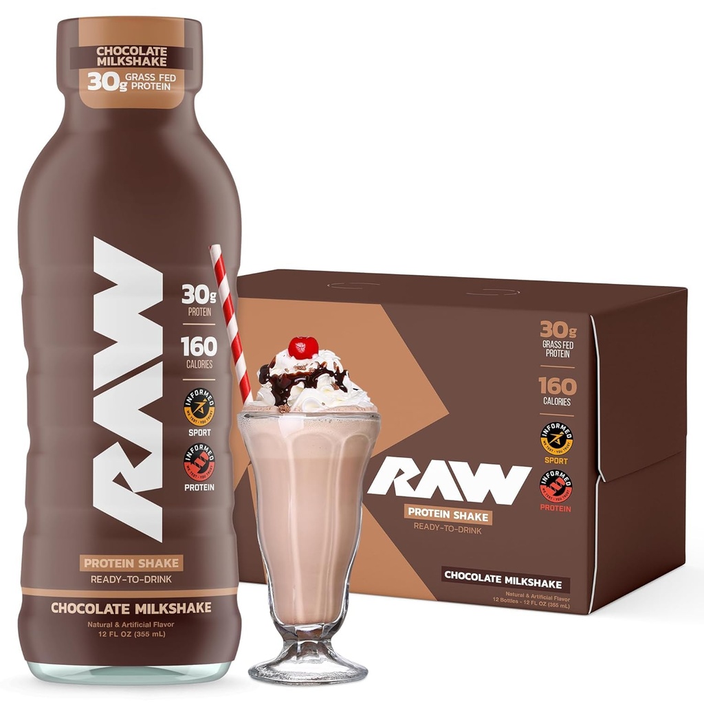 RAW Ready-To-Drink Protein Shake, Chocolate - RTD Protein Minuman dengan Minuman Grass-Feed Whein Isolate untuk Post-Workout - Zero-Sugar & Gluten- Free Meal Replacement Minum & Sarapan Shake, 12 Fl Oz