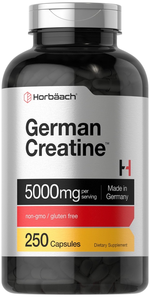 Horbaach Jerman Creatine Monohydrate 124; 5000mg 14; 250 bubuk Capsules 14; Non-GMO & Gluten Free Supplemen