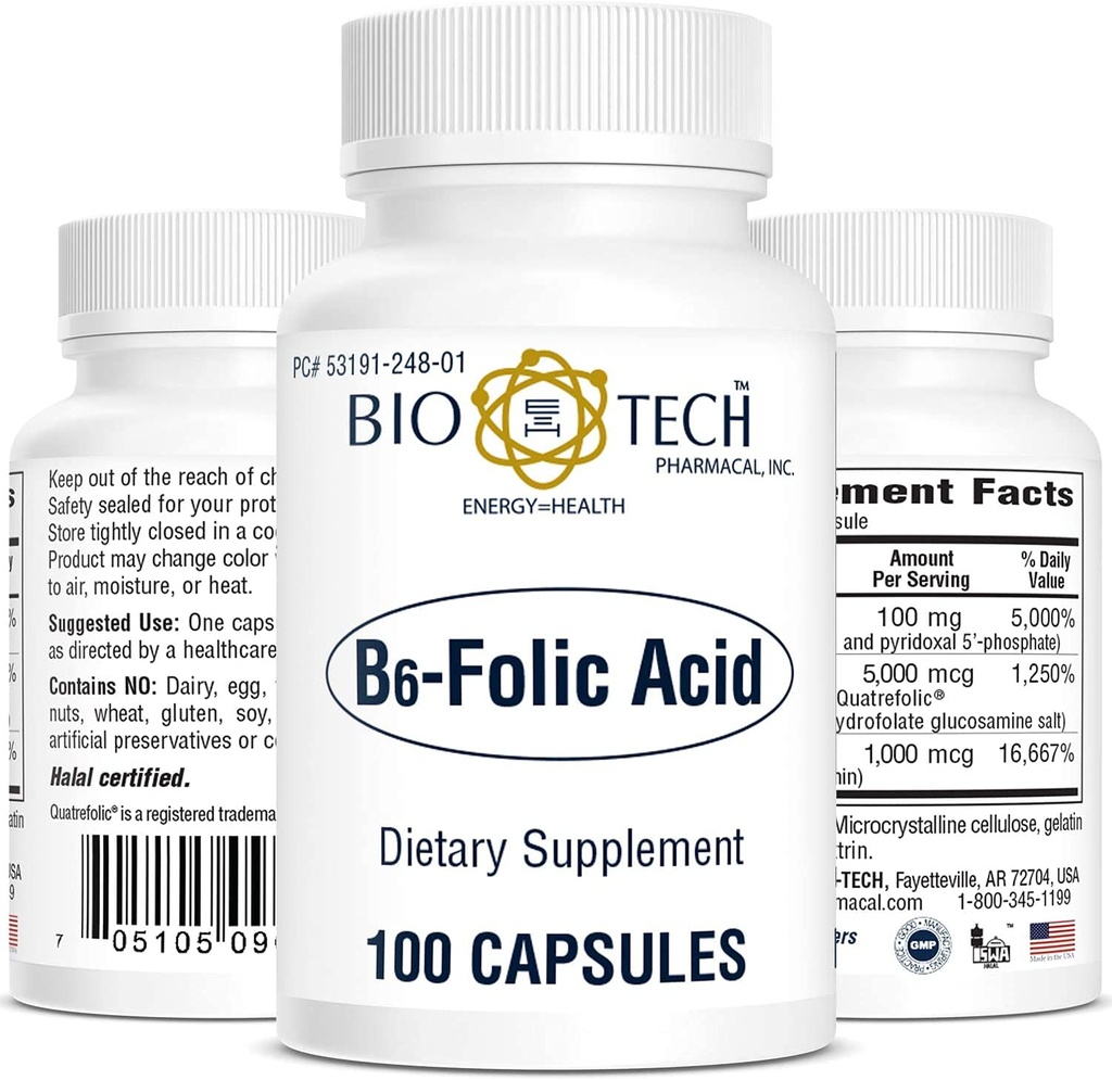 Bio- Tech Pharmabal B6- Folic Acid, 100 Kapsules - All-Natural Supports Cardiovascular, Bone, & Nervous System Health - No Dairy, Fish, Gluten, Peanut, Shellfish, Halal, & Soy - Tidak