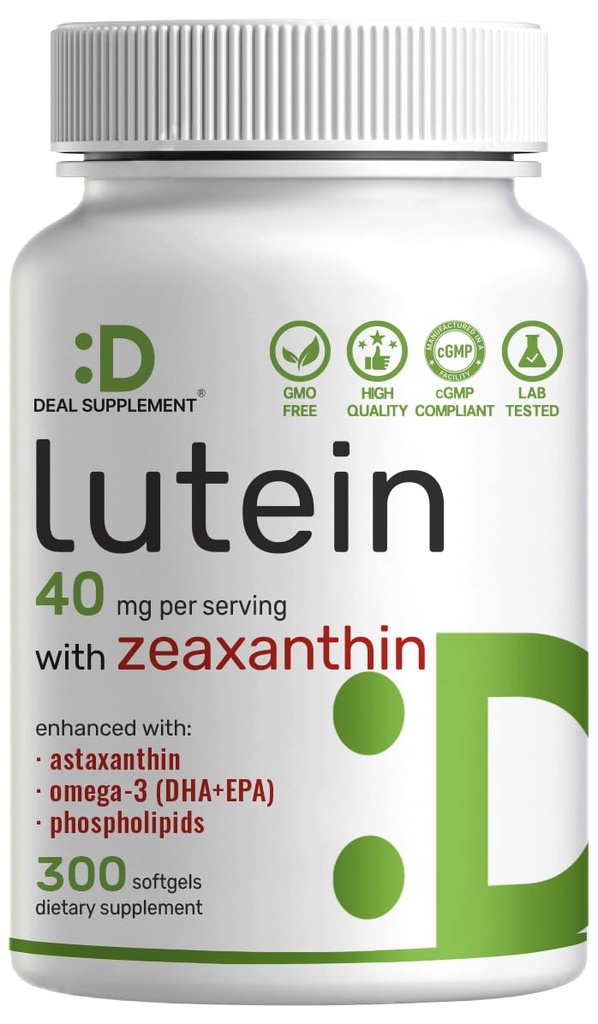 Suplemen Lutein dan Hobxanthin, 40mg Per Serving, 300 Softgels - plus Astaxanthin, Omega- 3s, & Phospholipids - Non-GMO
