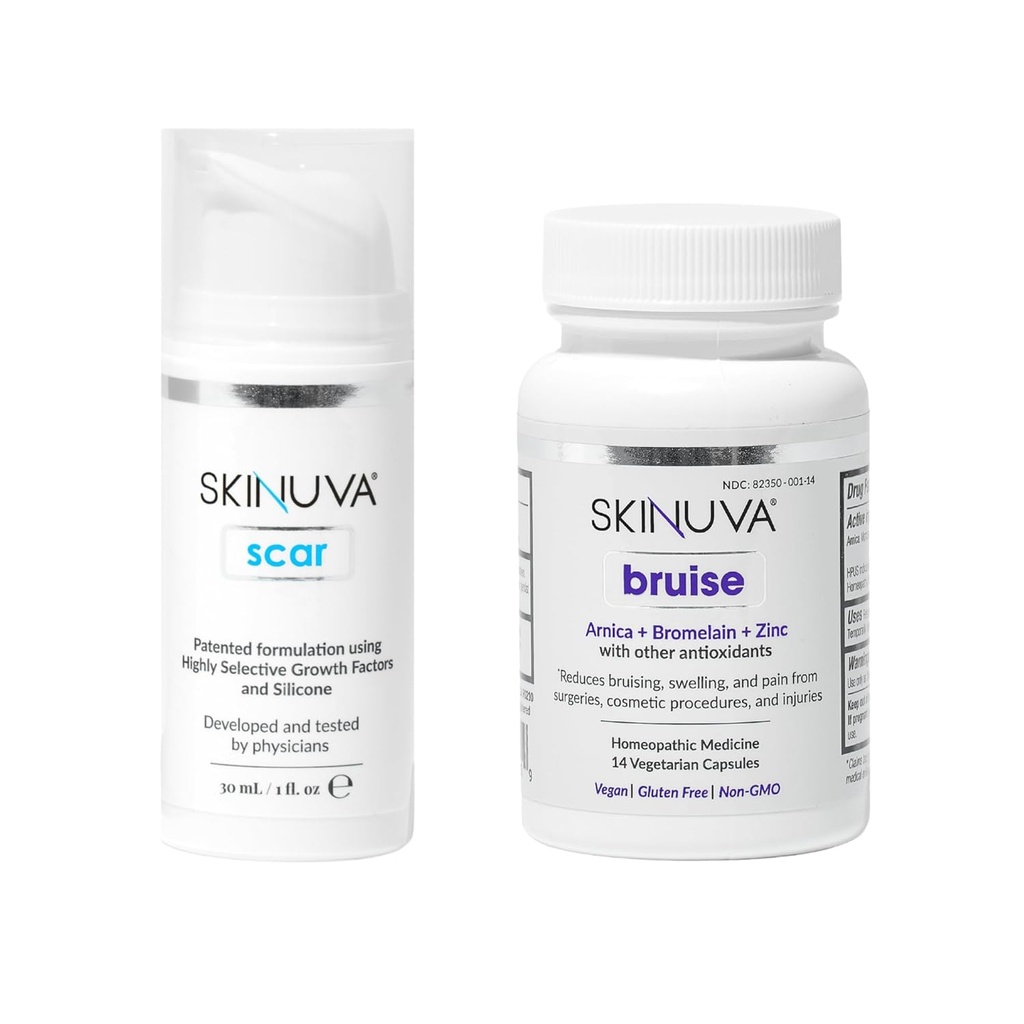 Skinuva ® Scar (1 oz) & Bruise (14 kapsul) - Advanced Silicone Cream Formulated with Growth Facters & Homepathic Bruze Formulasi dengan Arnica, Bromelain & Zinc