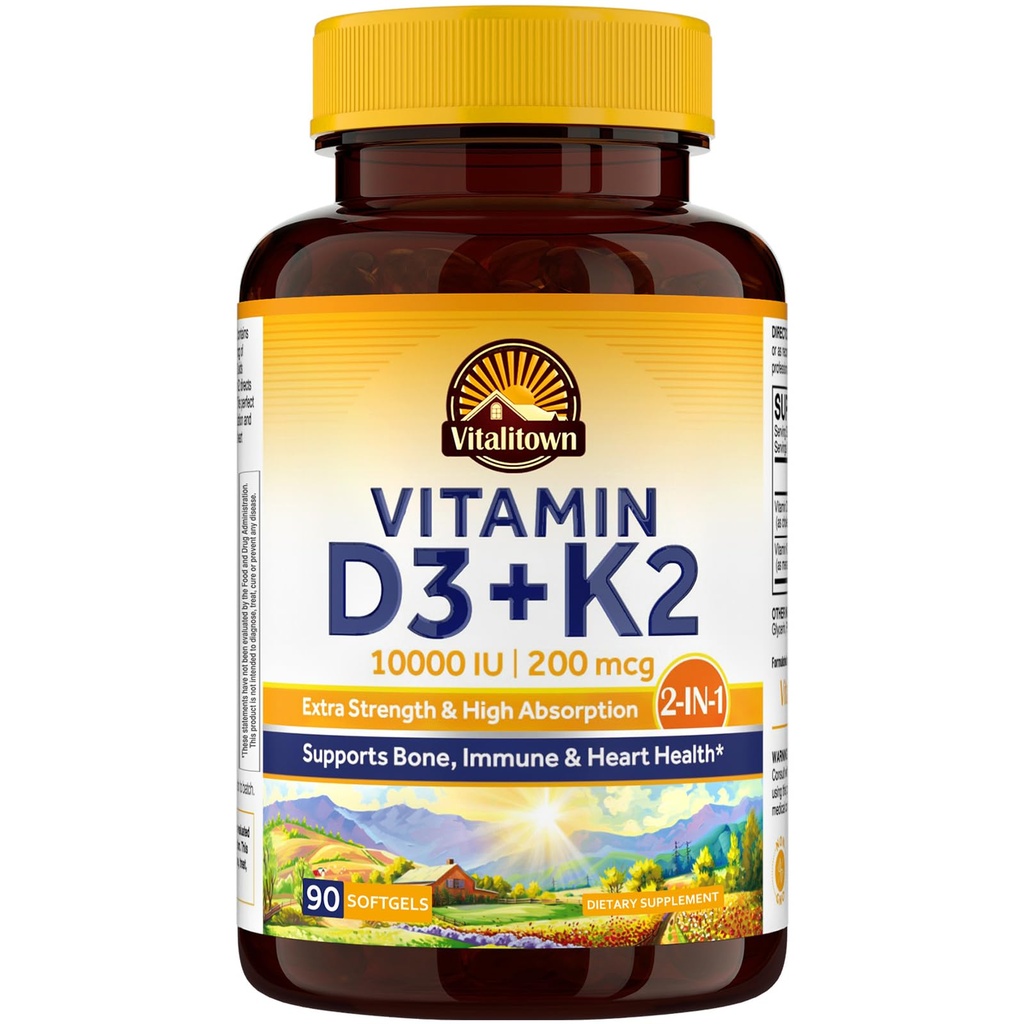 Vitalitown Vitamin D3 K2 Suplemen, Vitamin D3 100000 IU Vitamin K2 (MK7) 200 mcg, 90 Softgel, Non-GMO, No Gluten & Soy, for Bone, Teeth, Immune & Heart Health