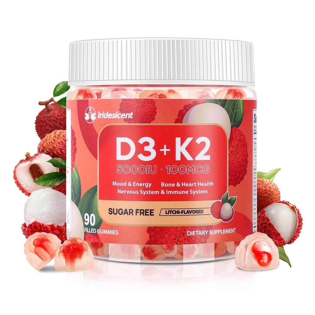 Vitamin D3 K2 Gummies w / Magnesium Sugar Free - 90 Count 124; D3 Vitamin 5.000 IU + K2 (MK-7) 100 mcg - Vegan K2 D3 Vitamin Suplemen, Sangat Absorbent Support Bone, Muscle, Mood & IEMUNe (Lychee Flavor)