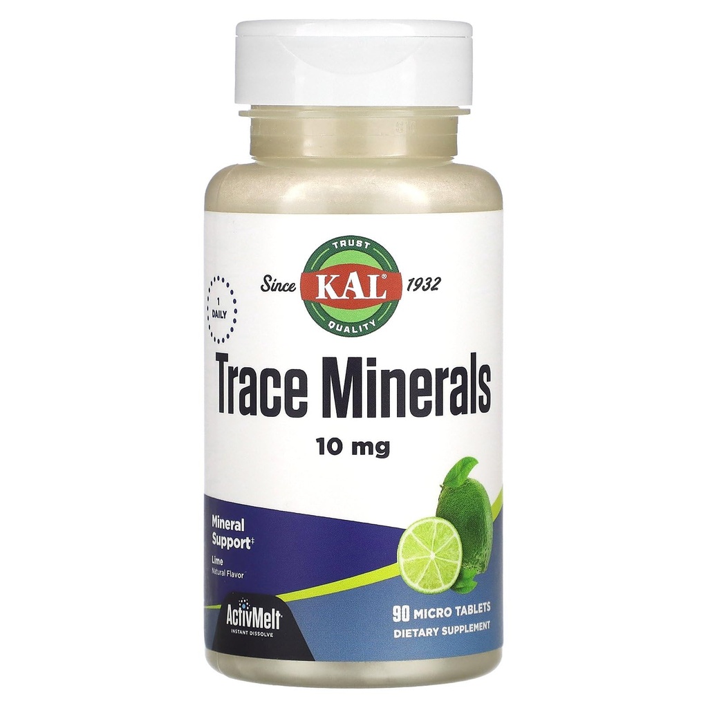 KAL Trace Mineral Suplemen, 10 mg Mineral, Natural Lime Flavor Trace Mineces Suplemen, Instant Dissolve ActivMelt Tablets for Optimal Trace Mineral Absorpsi, 90 Serbu, 90 Micro Tablet