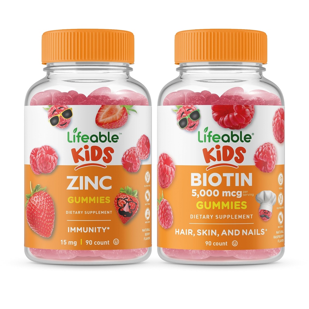 Lifeable Zinc Kids + Biotin Kids, Gummies Bundle - Great Tasting, Vitamin Suplemen, Gluten Free, GMO Free, Chewable Gummy