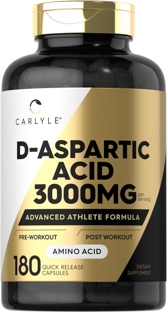 Carlyle D Aspartic Acid Capsules 3000mg = 124; 180 Count 124; DAA Suplemen untuk Pria dan Wanita; Advanced Athlete Formula 124; Non-GMO & Gluten Free