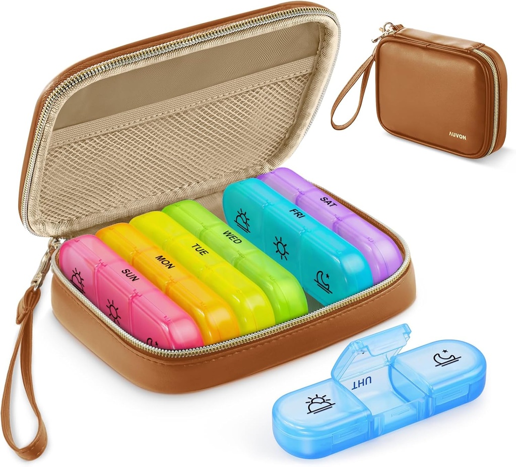 AUVON Weekly Pill Organizer 3 Kali sehari, Kotak Pil Besar 7 Hari dengan Sebuah PU Leather Bag, Protabel Travel Case Meduction, Daily Pil Box 3 Times sehari untuk Vitamin, Fish Oils, Suplemen
