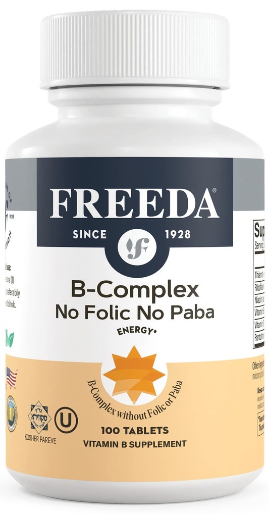 Freeda Vitamin B Kompleks No Folic No PABA - Super B Kompleks Kosher Vitamin Suplemen dengan Vitamin B1 B2 Vitamin B3 Vitamin B5 Vitamin B6 B12 - Vit B Complex B untuk Perempuan & Men (100 Ct)
