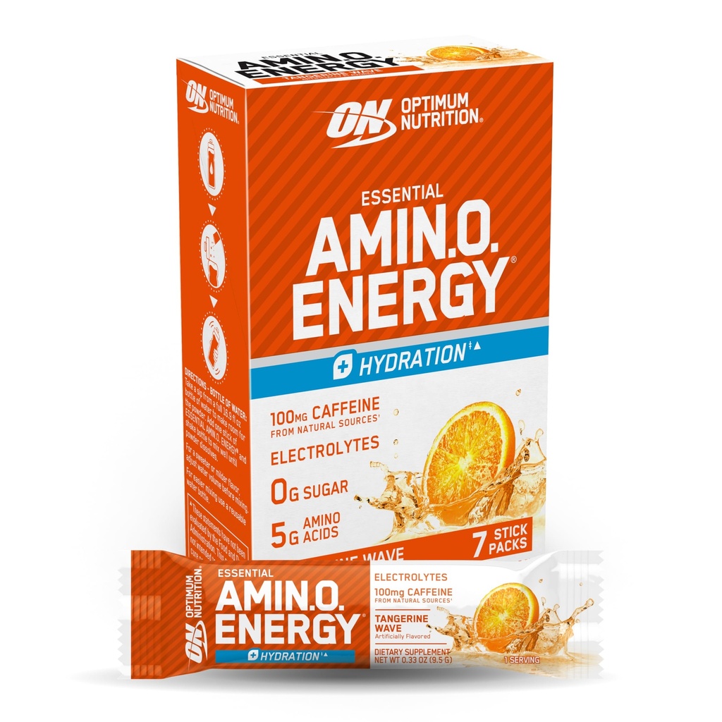 Optimum Nutrition Estile Amino Energy Plus Electrolite Stick Packs, Energy Powder, Tangerine Wave, 7 Count