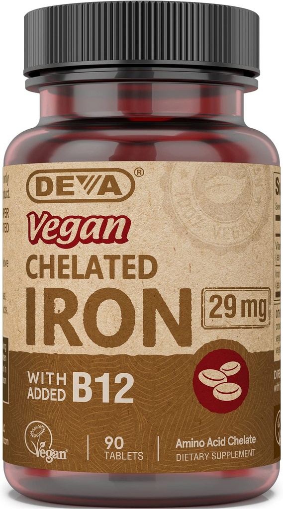 Deva Nutrition Vegan Chelated Iron 29 mg Dibentuk dengan B-12 - Potensi Tinggi, Mudah ditelan - 90 Tablet, 1 - Pack