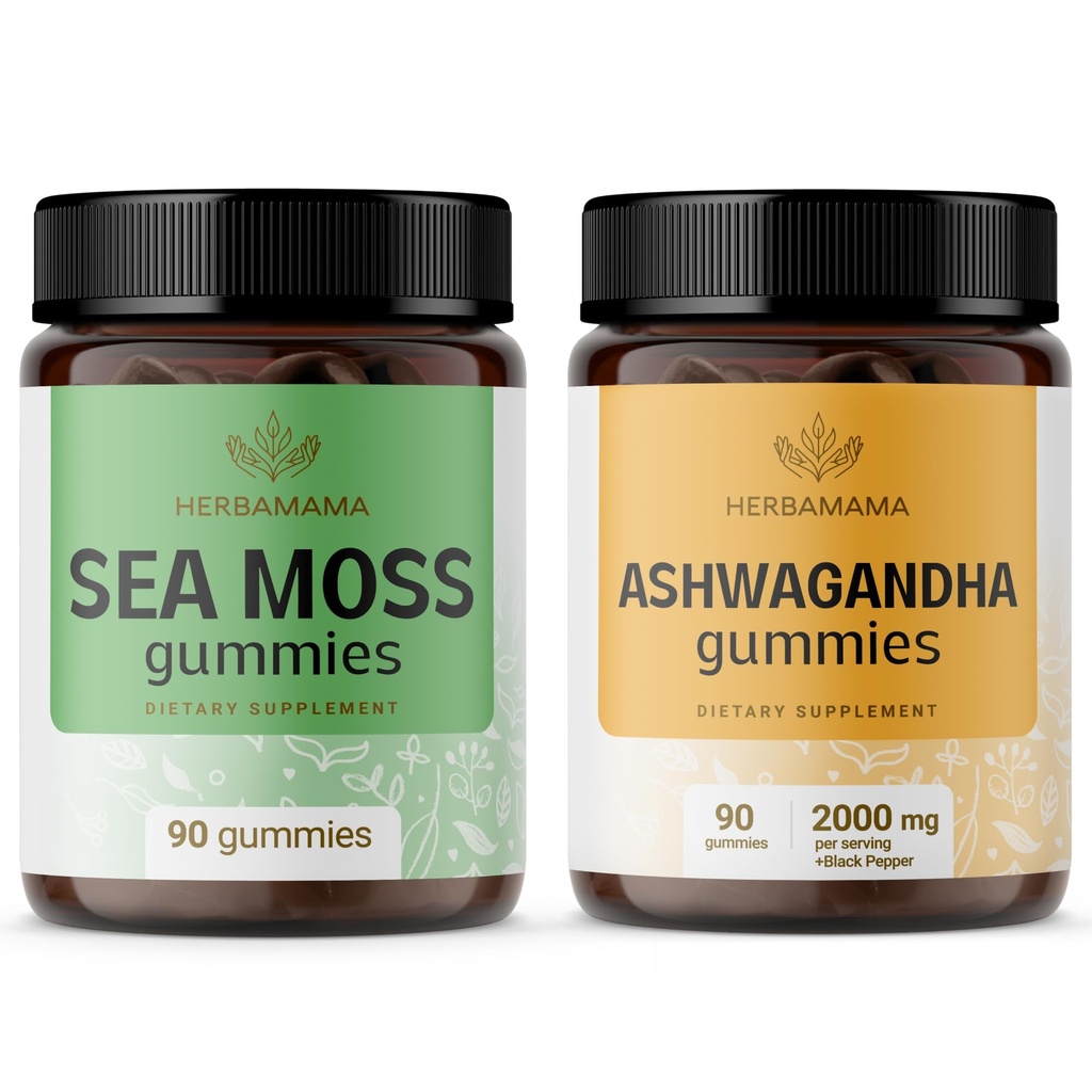 HERBAMAMA Laut Moss dan Ashwagandha Kit - Bundle of 1600 mg Moss laut dengan Bladderwrack & Ashwagandha Root Gummies - Vegan, Non-GMO, Glatin- Free - 2 Pack