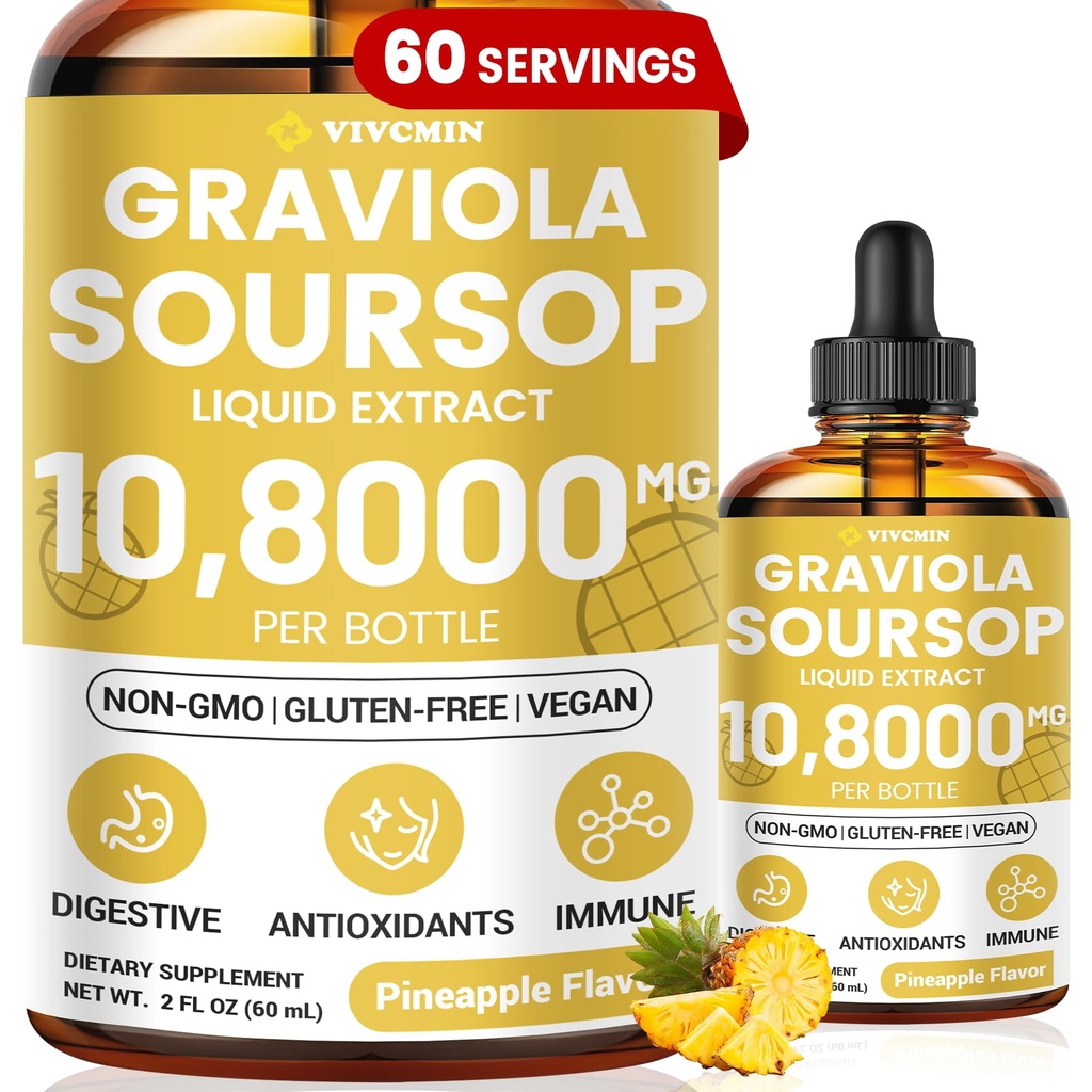 Liquid Graviola Soursop Extract - Soursop Bitters, Dukung Imune, Relax, Liver and Sleep, Sugar & Alcohol- Free, Sangat Absorbable Formula, Pineapple Flavor, 2 Fl Oz