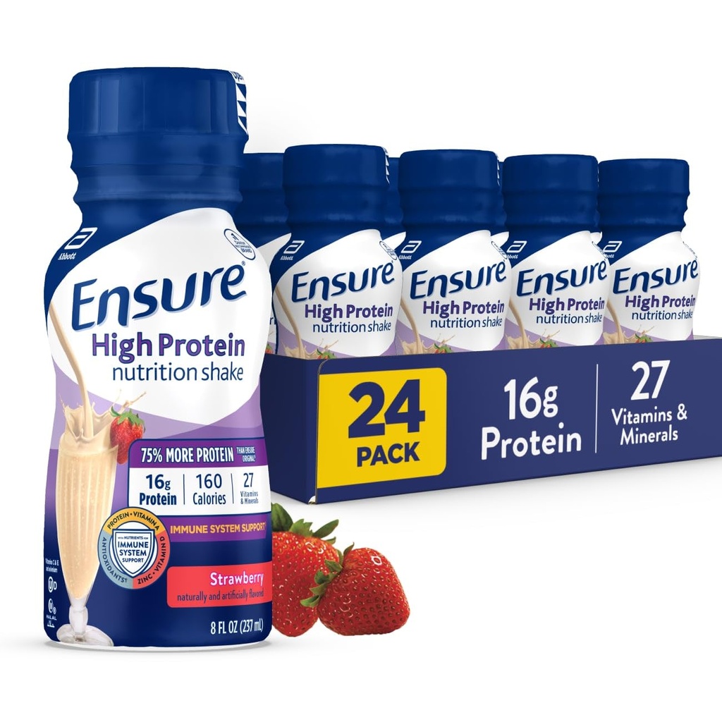 Pastikan Tinggi Protein Strawberry Shake, Siap untuk Minum, 16g Protein dan 27 Vitamin dan Mineral, 8 fl oz, 24 Pack