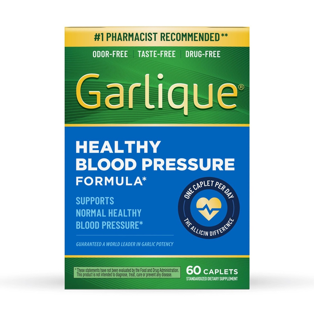 Suplemen Ekstrak Bawang Putih Garlique, Tekanan Darah Sehat Formula, Odorless & Vegan, 60 Caplets