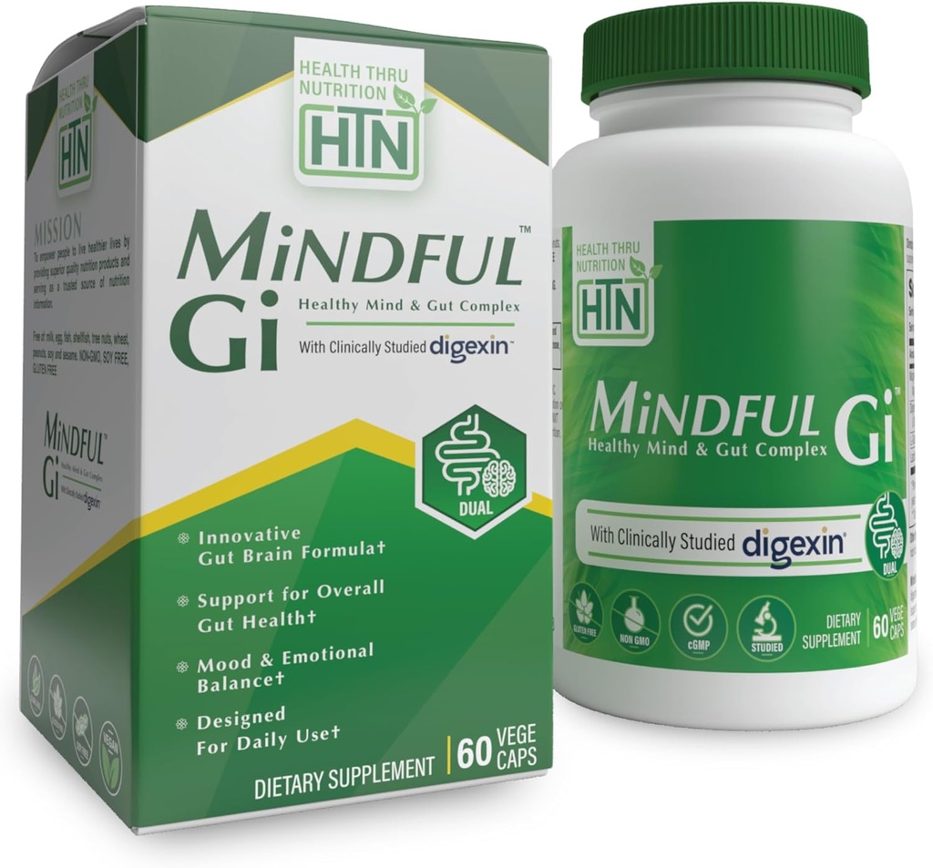 Health Thru Nutrition Mindful GI - Healthy Mind & Gut Complex 124; dengan Digexin, Magnesium, L- Glutamine, dan Probiotic for Gut- Brain Axis Duise 124; Regularitas, Bloating, Calstile Supplemen