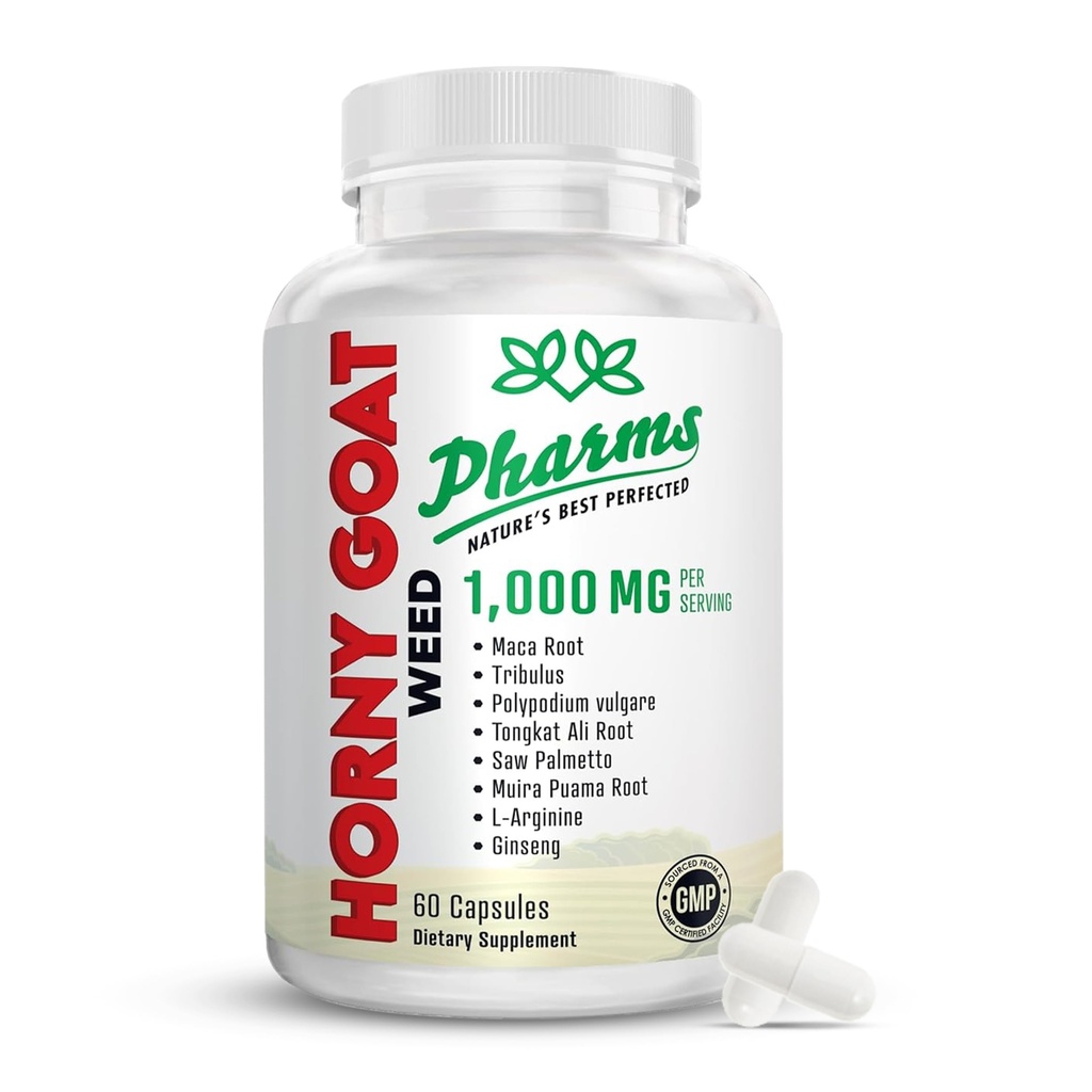 PHARMS Hornygoatweed for Men & Women (1,000 mg) - Energy & Stamina Capsules with Maca Root, Tribulus, Tongkat Ali, Saw Palmetto & Ging - Women & formance Enhancing Suplemen - 60 Capsules