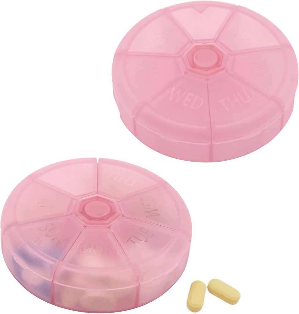 Portable Weekly Pill Organizer 7 Day Pill, Round Pill Case Friendly, Daily Week Pil Reminder Case, BPA- Free Vitamin, Suplemen, Fish Oil, Medication Planner (Pink)