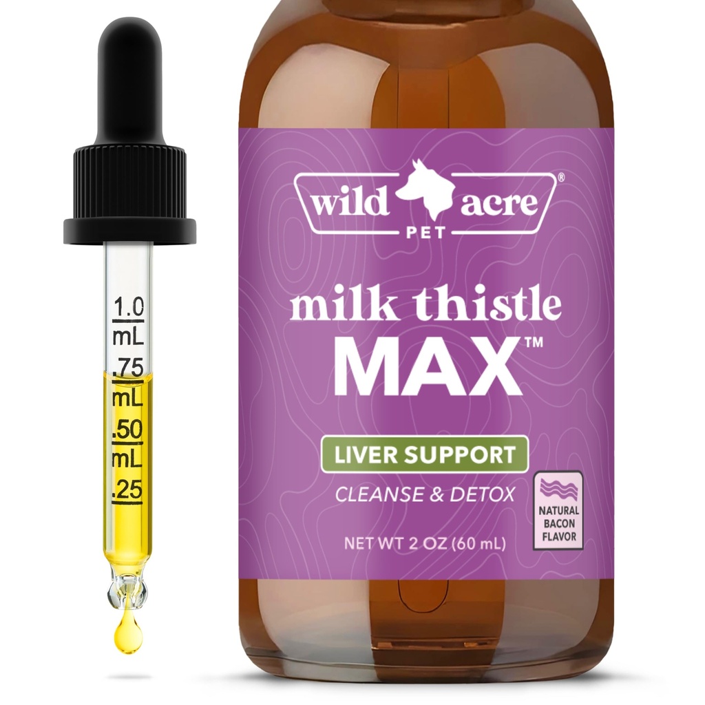 Wild Acre Milk Thistle for Dogs - Max Power Liver Support, Cleanse & Detox - Natural Bacon Flavor - Just Add to Food - Picky Pup Approved, 2 oz (60mL)