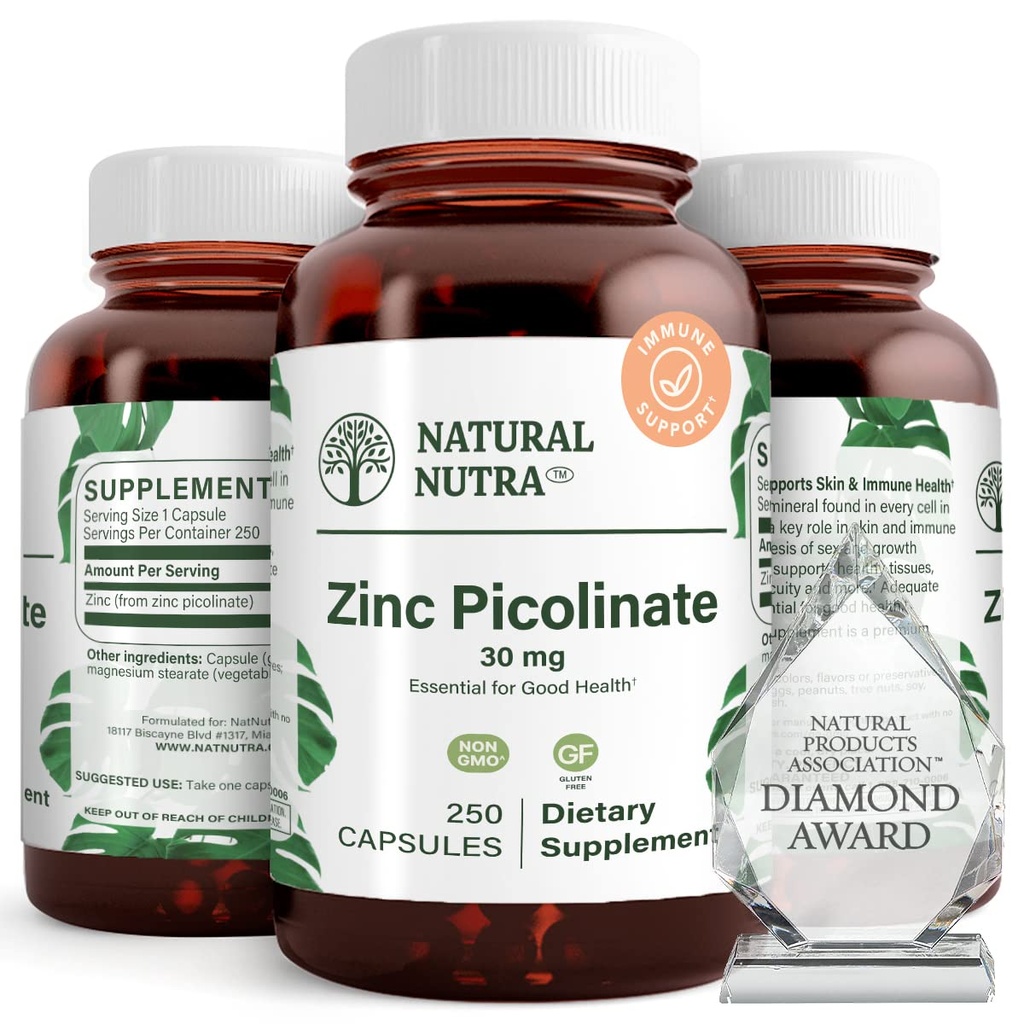 Nuttra Natural Zinc Picolinate 30 mg, Kekuatan Ganda, Raw dan Pure, Suplemen Sangat Biotersedia untuk Perkembangan dan Dukungan Imune, Membantu Dukungan Metabolic System, Turunkan Common Cold 250 Capsule