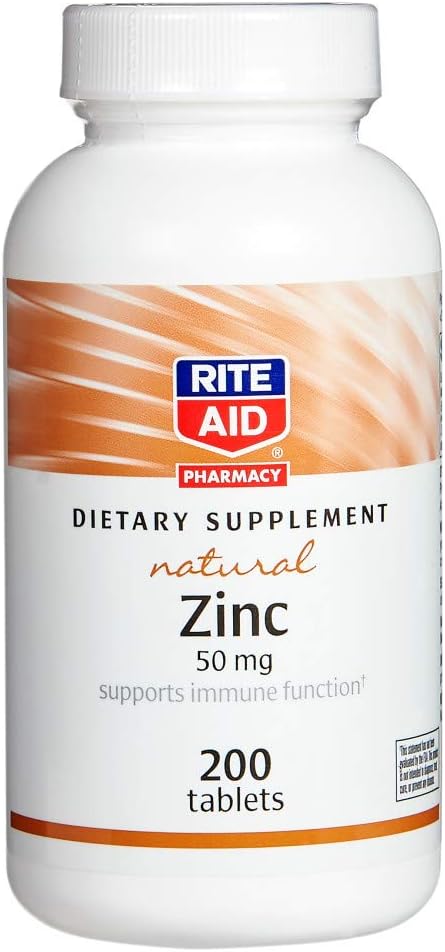 Rite Aid Natural Zinc, 50 mg, 200 Tablet - Mendukung Fungsi Imune - Suplemen Zinc - Suplemen Vitamin - Suplemen Zinc Alami - Esquest Mineral untuk Kesehatan Antioksidant - Easy- -ke-Swallow