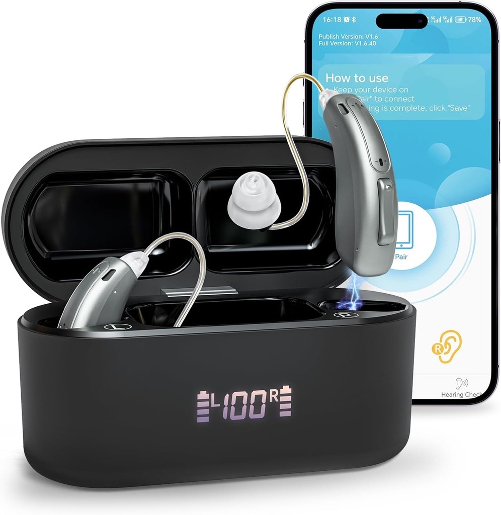 Hearing Aids (Not Amplifier), Bluetooth Rechargable Hearing Aids for Senior Dewasa, Superior Sound Quality OTC Hearing Aid with Noise Cancellation, Bluetooth Diaktifkan & App Control, 4 Mode